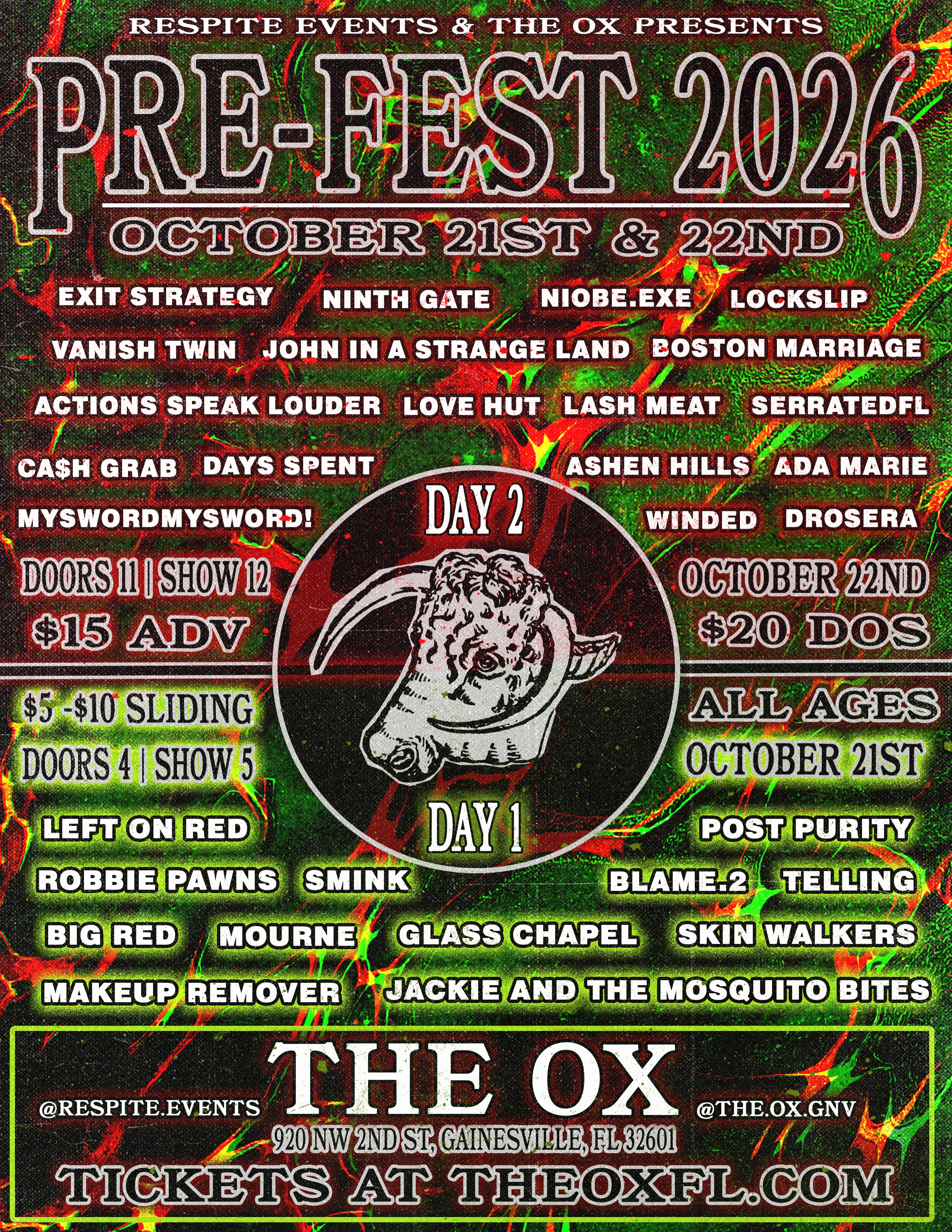 PRE-FEST 2026 flyer — John in a Strangeland plays Thursday, October 22nd at The Ox, Gainesville